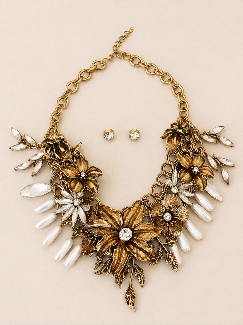 Antique Gold Floral Statement Necklace & Crystal Stud Earring Set
